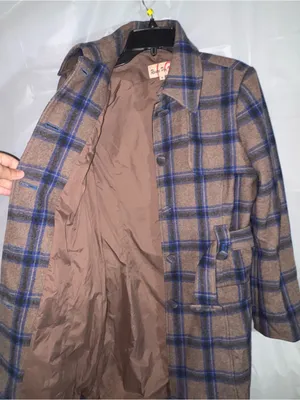 Rouge Par Womens Plaid Wool Blend Coat Sz Medium Blue Brown Buttons Belted Lined thumbnail 7