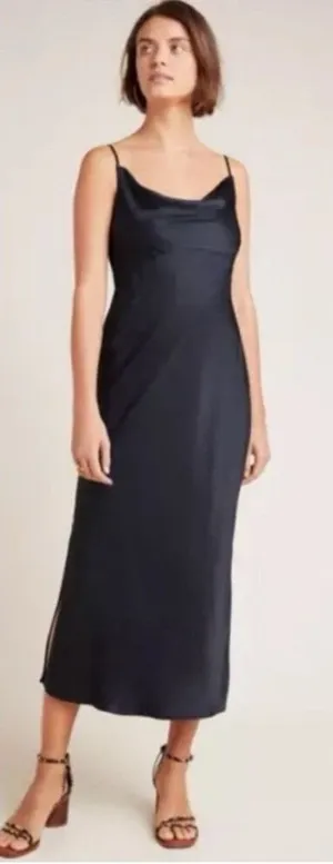 ANTHROPOLOGIE | NWT Woman's Black Elyse Cowl Slip Silk Sleeveless Midi Dress, XS thumbnail 1