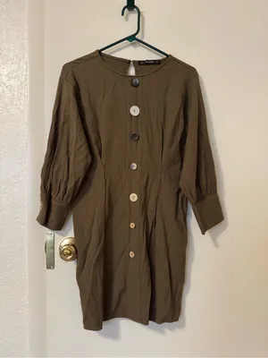 Zara Khaki Green Pleated Dress with Contrasting Statement Buttons Size M thumbnail 2