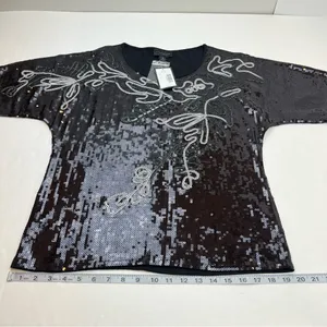 Investments Black‎ Sequin Top Short Sleeve Squiggle Size Small NEW *FACTORY FLAW thumbnail 10