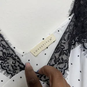 Lovestitch‎ Women Babydoll Tank Top Large White Black Polka Dot Lace Trim Whimsy thumbnail 2