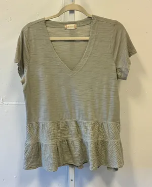 Altar'd State Sage Green V-Neck Tiered Peplum Mixed Media Gauze Top T-shirt Lg thumbnail 1