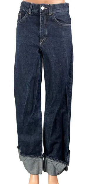 Zara Women's Blue Dark Wash Cuffed High Rise Wide Leg Baggy Denim Jeans Size 0 thumbnail 1
