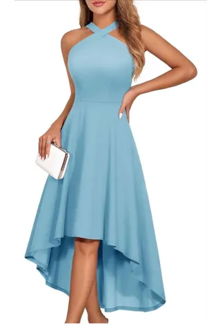 NEW Blue Cocktail Formal Wedding Guest Halter Hi Low Dress XL thumbnail 1