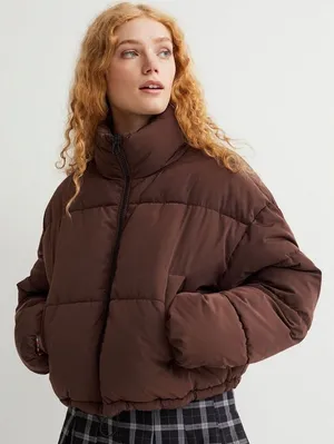 H&M Cropped Puffer Jacket in Chocolate thumbnail 1