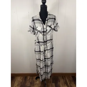 Anthropologie Cloth & Stone Hannah Shirtdress M Plaid‎ Short Sleeve Belted White thumbnail 2