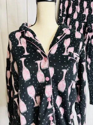 Charter Club Intimates Pajama Set Sz L Black Pink Wine Glasses Fleece Pockets thumbnail 2