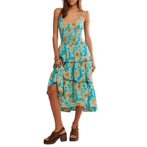 NWT Free People Adriel Tie Strap‎ Tiered Midi Dress Blue Floral Flowy Boho Small thumbnail 2