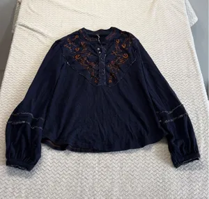 Free People Navy Blue Embroidered Floral Henley Top Cotton Linen Blend Medium thumbnail 1
