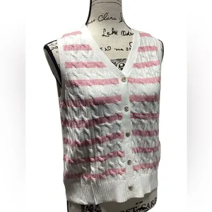 Wiholl cable knit sleeveless sweater. Pink on ivory stripes. Size Small thumbnail 6