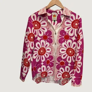 Farm Rio Pink Red Giant Daisy Floral Linen Blend Button Down Shirt Small thumbnail 9