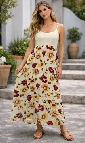 Vtg Positive Attitude Floral‎ Maxi Dress Cream Cottagecore Prairie Sundress USA thumbnail 1