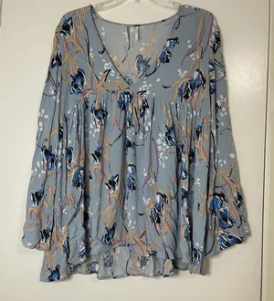 Free People Blue floral vneck boho bell sleeve tunic top size small thumbnail 1