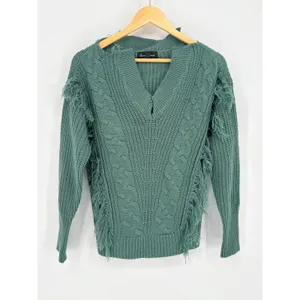 Alison Andrews Sage Green Fringe Cable Knit Sweater Medium Boho Chunky Pullover thumbnail 2