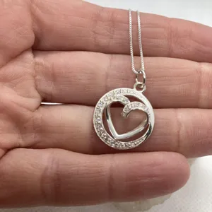 Open Heart Sisters Always CZ Pendant Sterling 925 Silver 18'' Necklace 4g Dainty thumbnail 4