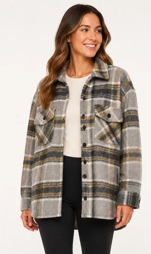 Thread & Supply Charcoal Taupe Plaid Fleece Shacket Women’s S thumbnail 1