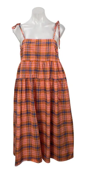 Collusion Orange Blue Plaid Check Sleeveless Tie Tiered A Line Midi Dress Size 6 thumbnail 1