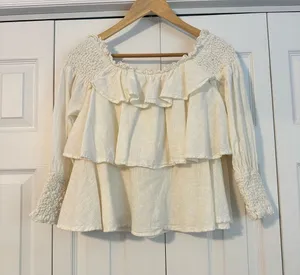 FOR THE REPUBLIC 100% Cotton Women’s Cream Ruffle Peasant Top, Small thumbnail 1