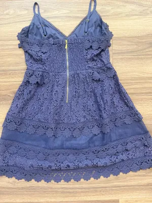 City Chic Dusty Periwinkle Lace Mini Dress | Tiered Crochet Lace | Adjustable Straps | XS (Fits S) thumbnail 4