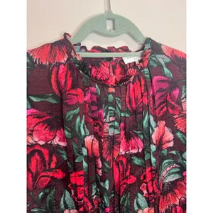 Sandro Paris Red Floral Mock Neck Blouse Black Lace Sleeves Silk Blend sz 1 thumbnail 4