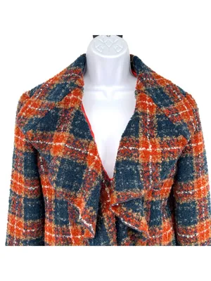 Anthropologie Tabitha Moretown Orange Blue Plaid Ruffle Blazer Jacket Size 2 thumbnail 2