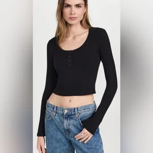 Reformation Billie Knit Top Ribbed Cropped Black Long Sleeve Medium $98 thumbnail 4