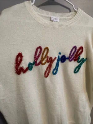 Le Lis Collection XS Holly Jolly Tinsel Christmas Sweater Cream Holiday thumbnail 5