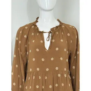 Madewell Women’s Brown Floral Tiered Mini Dress Long Sleeve Peasant Boho Size M thumbnail 4