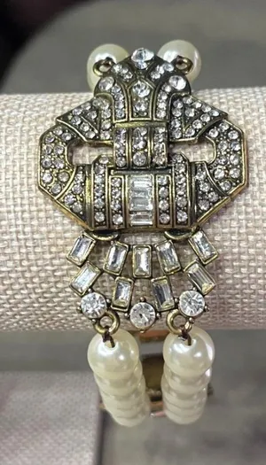 Vintage 90s Art Deco Style Multi Strand Faux Pearl Bracelet Crystal Rhinestone C thumbnail 1