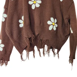 Just Polly New York Brown Daisy Floral Knit Frayed Hem Pullover Sweater Large thumbnail 10