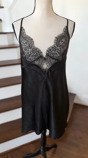 Victoria Secret Black Satin Sheer Lace Open Back Slip Nightie Whimsygoth Witchy thumbnail 1