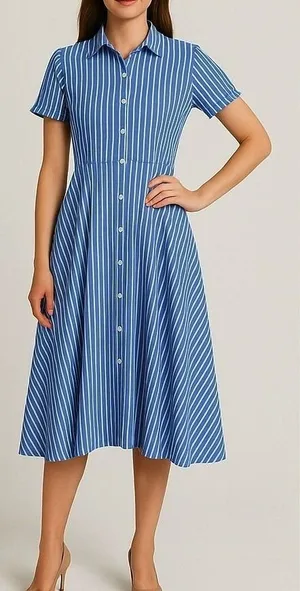Ivy + Blu Striped‎ Shirt Dress Fit & Flare handkerchief hem Cotton Blue White 10 thumbnail 1