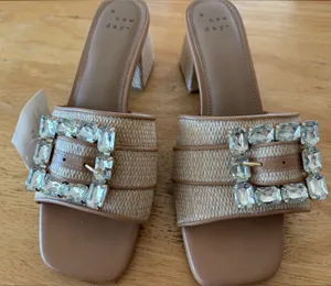 A New Day Beige Mules with Crystal Buckle rattan size 10 thumbnail 1