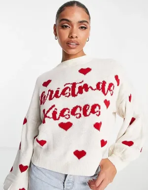 Missguided Cream and Red Christmas‎ Kisses Holiday Crewneck Pullover Sweater 6/8 thumbnail 1