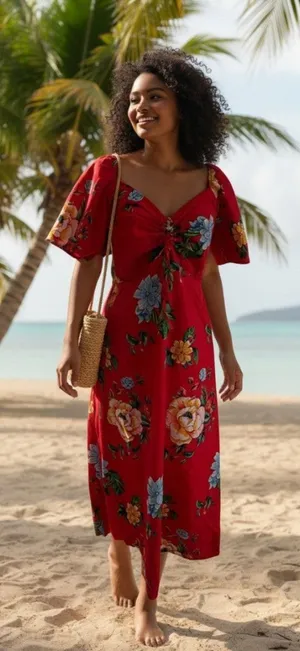 NAOO Red Floral Tropical Women's Maxi Dress Size M thumbnail 1