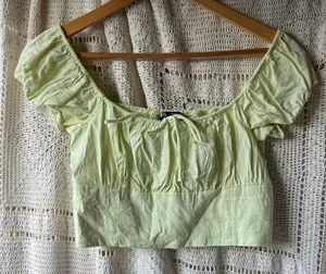 Zara Green Off Shoulder Ruched Milkmaid Crop Top Linen Blend Pastel Medium thumbnail 1