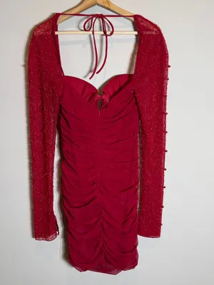 Oh Polly St. Germain Embellished Long Sleeve Mini Dress Women's 6 Red Pearls thumbnail 10