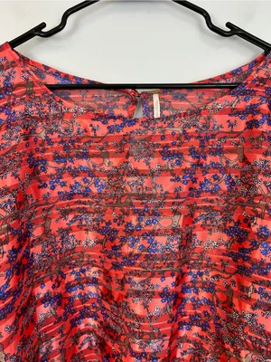 Free People Pink/Blue Metallic Smocked Floral Dolman Sleeve Peplum Top Large thumbnail 2