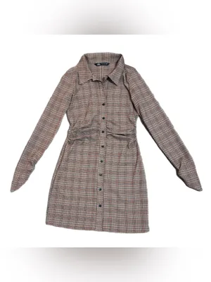 Zara Brown Plaid Check Mini Shirt Dress Womens Small Ruched Front Long Sleeve thumbnail 3