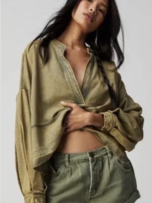 FP “We The Free” Jude Denim Oversized Washed Olive Green V-Neck Oversized Tunic thumbnail 1