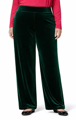 Susan Graver Green Velvet Pull On Wide Leg Pants‎ Large Effortless Minimalist thumbnail 1