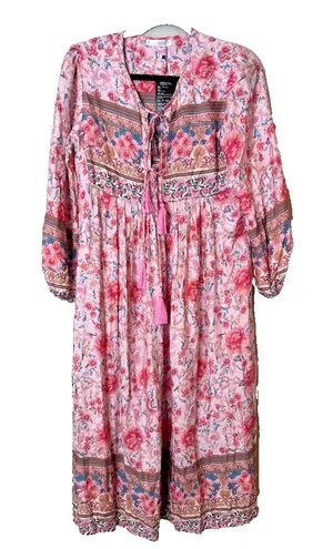 R Vivimos‎ Maxi Dress Size XS Boho Cottage Peasant Floral Pink Tassel Flowy thumbnail 1