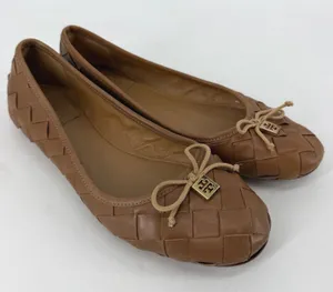 Tory‎ Burch Carlyle Woven Leather Ballet Flats Brown Bow Logo Women's 7M thumbnail 1