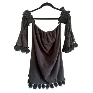 MISA Los Angeles Black Off Shoulder Tassel Mini Dress Boho Festival S thumbnail 3