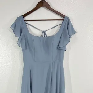 Azazie Womens A6 Dusty Blue Chiffon Flutter Sleeve Floor Length Bridesmaid Dress thumbnail 5
