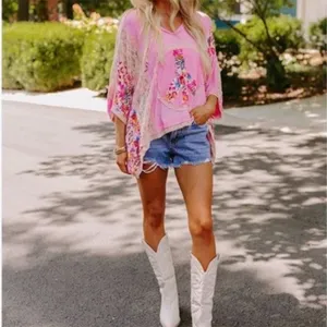 NEW POL Pink Blush Oversized Peace Sign Floral Mixed Media V-Neck Hoodie Top S thumbnail 6