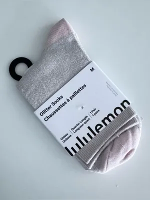 Lululemon Glitter Socks Quarter Length Blissful Pink with Silver Medium thumbnail 4
