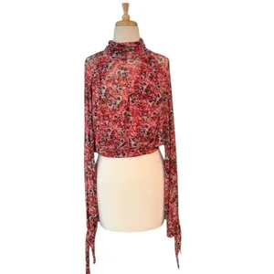 Free People All Dolled Up Top Red Combo Open Back Sheer Tie Cuffs Size Medium thumbnail 3