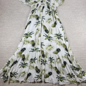 Blue Island Tropical Maxi Dress Sz L Pineapple Palm Print Rayon Tiered Open Back thumbnail 16