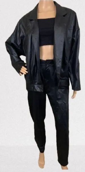 Vintage 1980s Black Faux Leather High Waisted 2pc Pantsuit Set Size 9/10 thumbnail 1